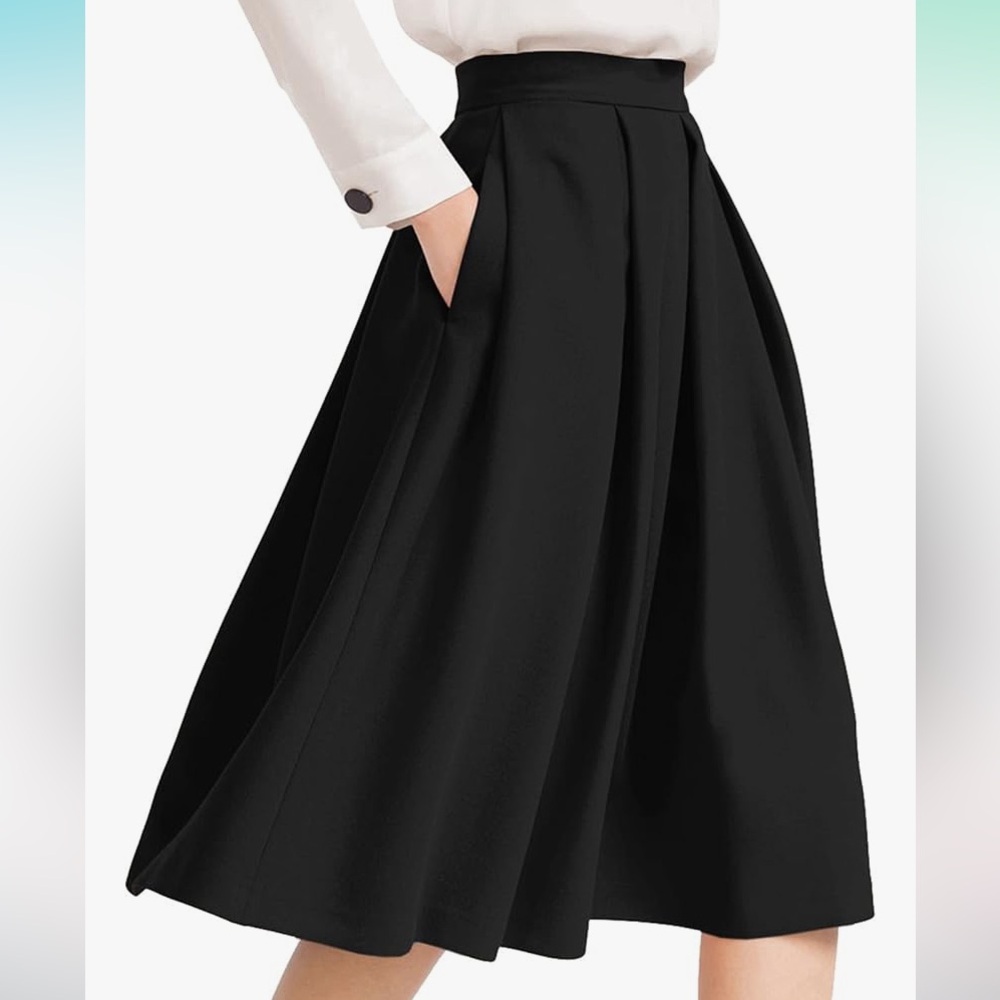 NWT High Waisted Black Pleated Midi Skirt